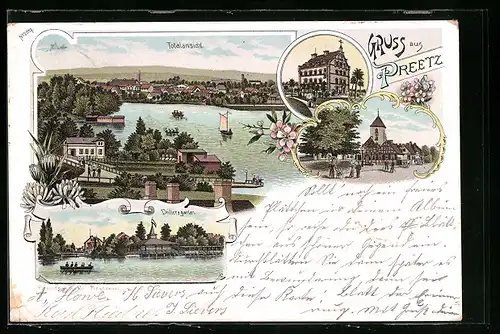 Lithographie Preetz, Ortsansicht, Drillersgarten, Kirche