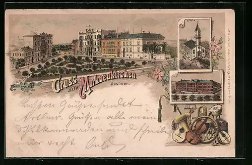 Lithographie Markneukirchen /Sachsen, Lutherplatz, Kirche, Schule
