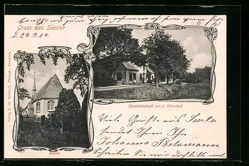AK Seester, Gastwirtschaft von J. Hamdorf und Kirche