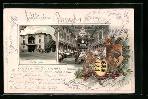 Passepartout-Lithographie Stuttgart, Gasthof Liederhalle mit Innenansicht des Festsaals, Wappen