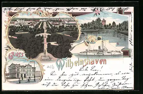 Lithographie Wilhelmshaven, Grube`s Gasthof, Ortsansicht aus der Vogelschau und Parkanlagen