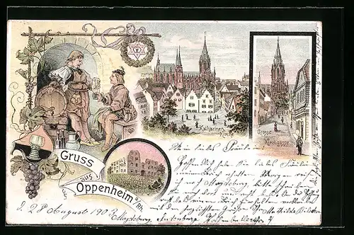 Lithographie Oppenheim a. Rh., Ruine Landskrone, Gro9e Kirchgasse, Katharinenkirche