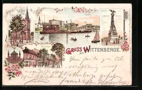 Lithographie Wittenberge, Kath. Kirche, Hafenpartie, Kriegerdenkmal und Bahnstrasse