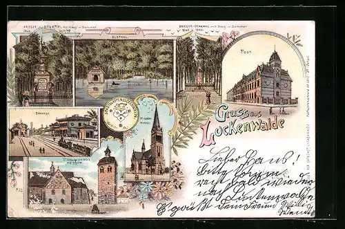 Lithographie Luckenwalde, Kriegerdenkmal, St. Johanniskirche, Bahnhof und Postgebäude