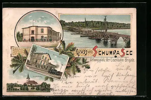 Lithographie Sperenberg, Übungsplatz der Eisenbahnbrigade mit Kaserne, Schumka See, Bahnhof und Holzbrücke im Bau