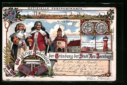 Lithographie Neu-Isenburg, 200 jähr. Stadtjubiläum, Altes Rathaus, Elektrizitäts- und Wasserwerk
