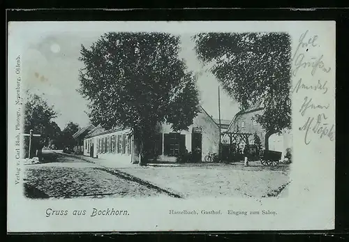 Mondschein-AK Bockhorn, Gasthof Hasselbach, Eingang zum Salon