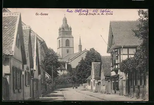 AK Gr.-Gerau, Hellwigstrasse mit ev. Kirche