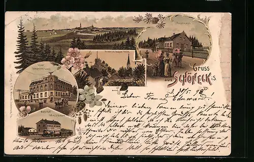 Lithographie Schöneck i. S., Hotel Schützenhaus, Friedrich-August-Stein, Forsthaus und Bahnhof