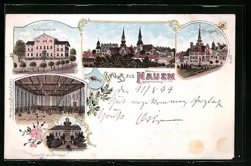 Lithographie Nauen, Realprogymnasium, Königsplatz und Städtische Turnhalle