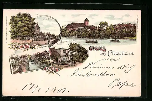 Lithographie Preetz i. H., Gasthaus Weinberg, Lange Brücke, Grosse Linde