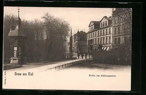 AK Kiel, Strassenpartie am Schlossgarten mit Wettersäule