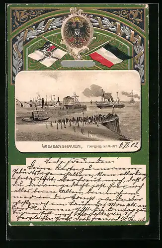 Passepartout-Lithographie Wilhelmshaven, Dampfer an der Hafeneinfahrt, Wappen