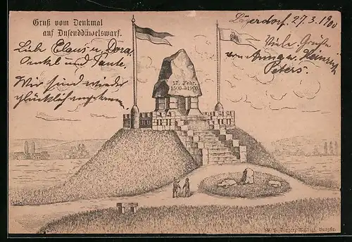 Lithographie Dusenddüwelswarf, Ansicht vom Denkmal