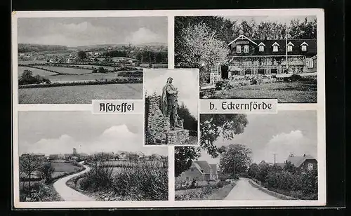 AK Ascheffel b. Eckernförde, Panorama, Baumgarten, Ortspartie
