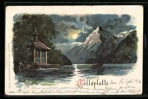 Lithographie Tellsplatte, Kapelle am See bei Vollmond