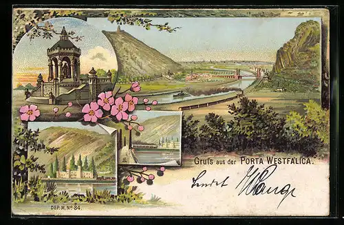 Künstler-AK Porta Westfalica, Kaiser-Wilhelm-Denkmal, Brückenpanorama