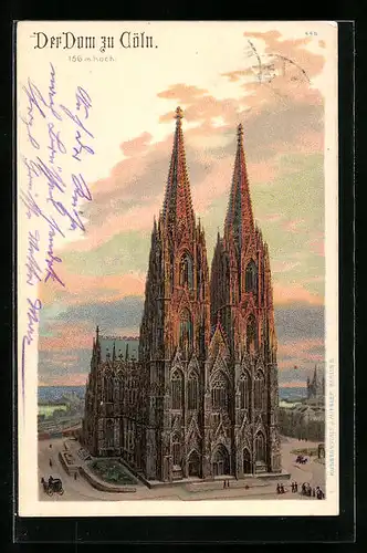 Lithographie Cöln, Panoramablick auf den Kölner Dom
