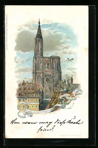 Lithographie Strassburg, Darstellung vom Münster