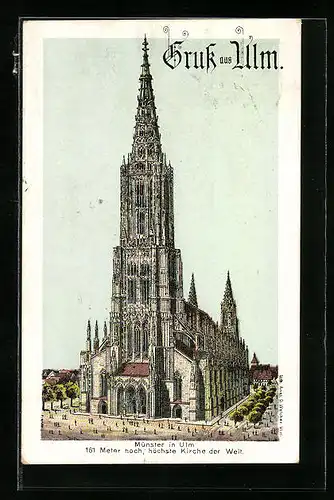 Künstler-AK Ulm a. D., Gesamtansicht des Münsters