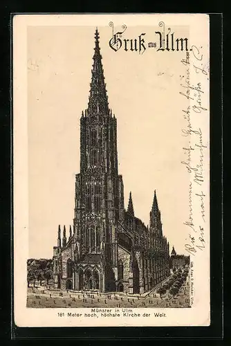 Lithographie Ulm, Darstellung vom Münster, 161 Meter hoch
