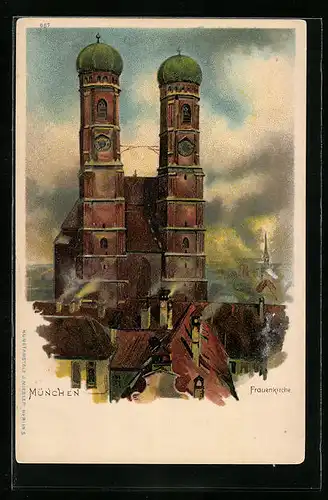 Lithographie München, Ansicht der Frauenkirche