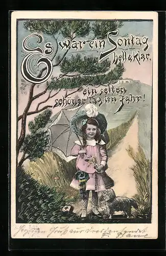 AK Mädchen mit Hund und Schirm beim Spaziergang