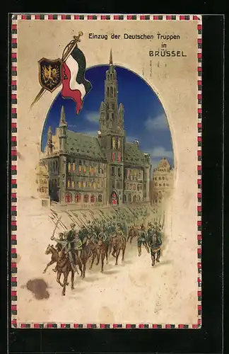 Lithographie Brüssel, Einzug der deutschen Truppen