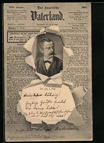 AK Porträt von Dr. jur. J. Sigl und Titelseite der Zeitung Das Bayerische Vaterland
