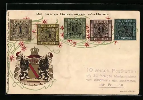 AK Die ersten Briefmarken von Baden, Wappen