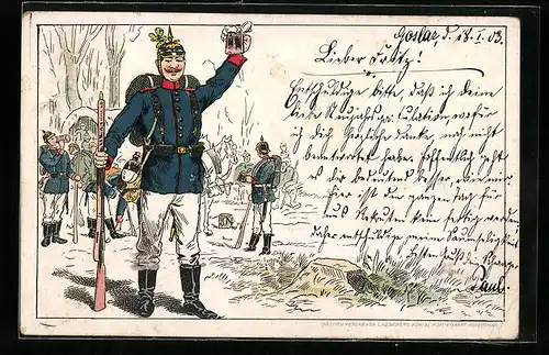 Lithographie Trinkpause einer Infanterie-Einheit