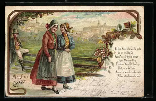 Lithographie N`schin` Gruss aus Braunscha, Damen in Tracht