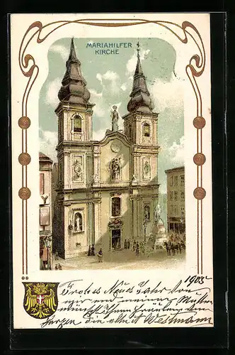 Lithographie Wien, Mariahilfer Kirche mit Vorplatz