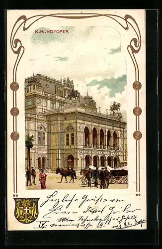 Lithographie Wien, K. K. Hofoper mit Kutschen