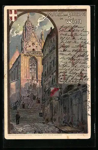 Lithographie Wien, Maria am Gestade mit Treppe
