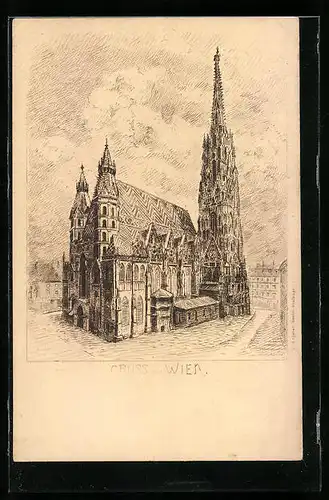 Lithographie Wien, Stephansdom mit Stephansplatz