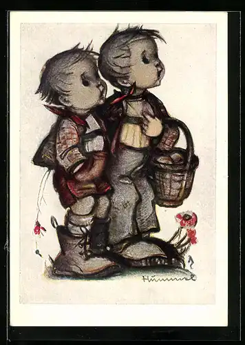 Künstler-AK Hummel: Zwei kleine Jungs mit Körbchen
