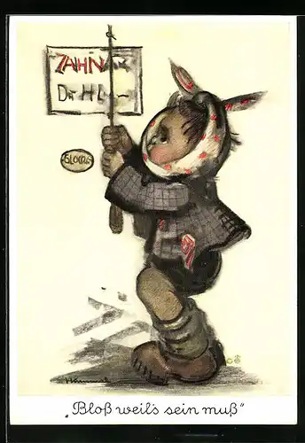 Künstler-AK Hummel: Süsses Bengelchen mit dicker Wange auf dem Weg zum Zahnarzt