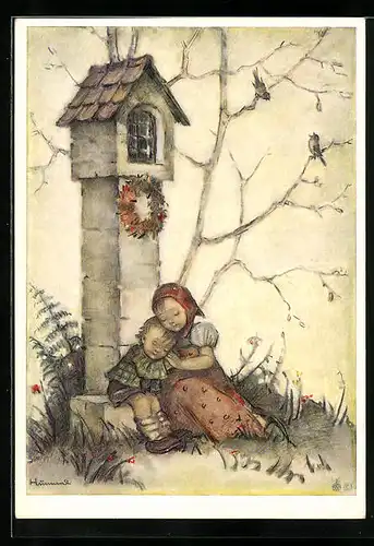 Künstler-AK Hummel: Brüderchen und Schwesterchen Arm in Arm an einem Denkmal sitzend