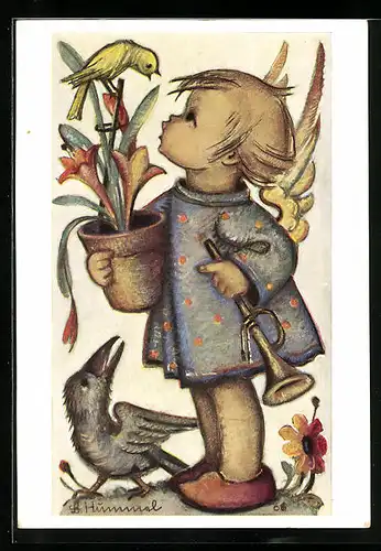 Künstler-AK Hummel: Engelchen mit Trompete und Blumentopf