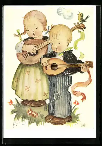 Künstler-AK Hummel: Mandoline spielendes Geschwisterpaar