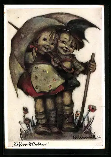 Künstler-AK Hummel: Kleines Mädchen und kleiner Junge unter einem Schirm