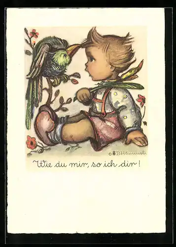 Künstler-AK Hummel: Kleiner Junge schimpft mit Vogel Wie du mir, so mich dir
