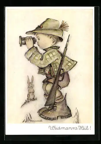 Künstler-AK Hummel: Kleiner Jägersmann auf der Pirsch mit Fernglas und Gewehr