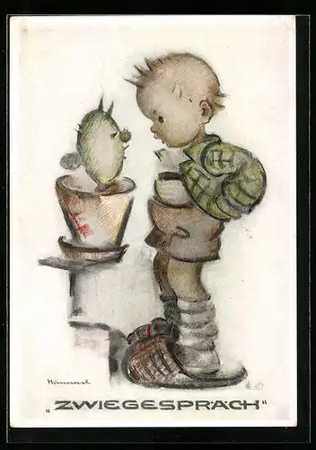 Künstler-AK Hummel: Kleiner Junge im Zwiegespräch mit einem Kaktus