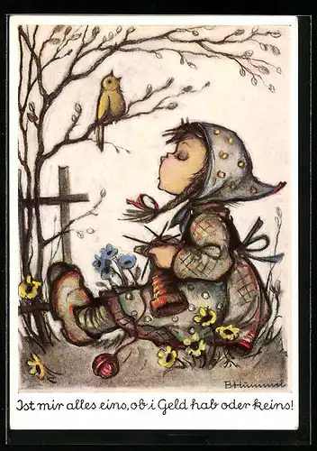 Künstler-AK Hummel: Strickendes Mädchen singt mit einem Vogel