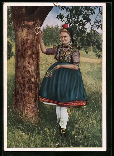 AK Schwälmer Mädchen in Tracht Ich schnitt es gern in alle Rinden ein 