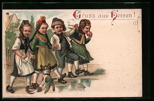 Lithographie Kinderschar in Hessischer Tracht