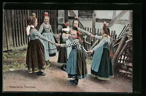 AK Kinder in Hessischer Tracht beim Ringel-Reihen