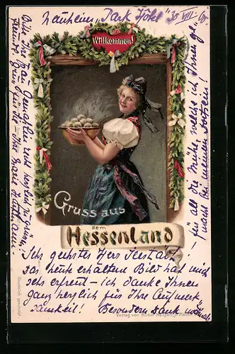 AK Hessin in Tracht mit Klossschale